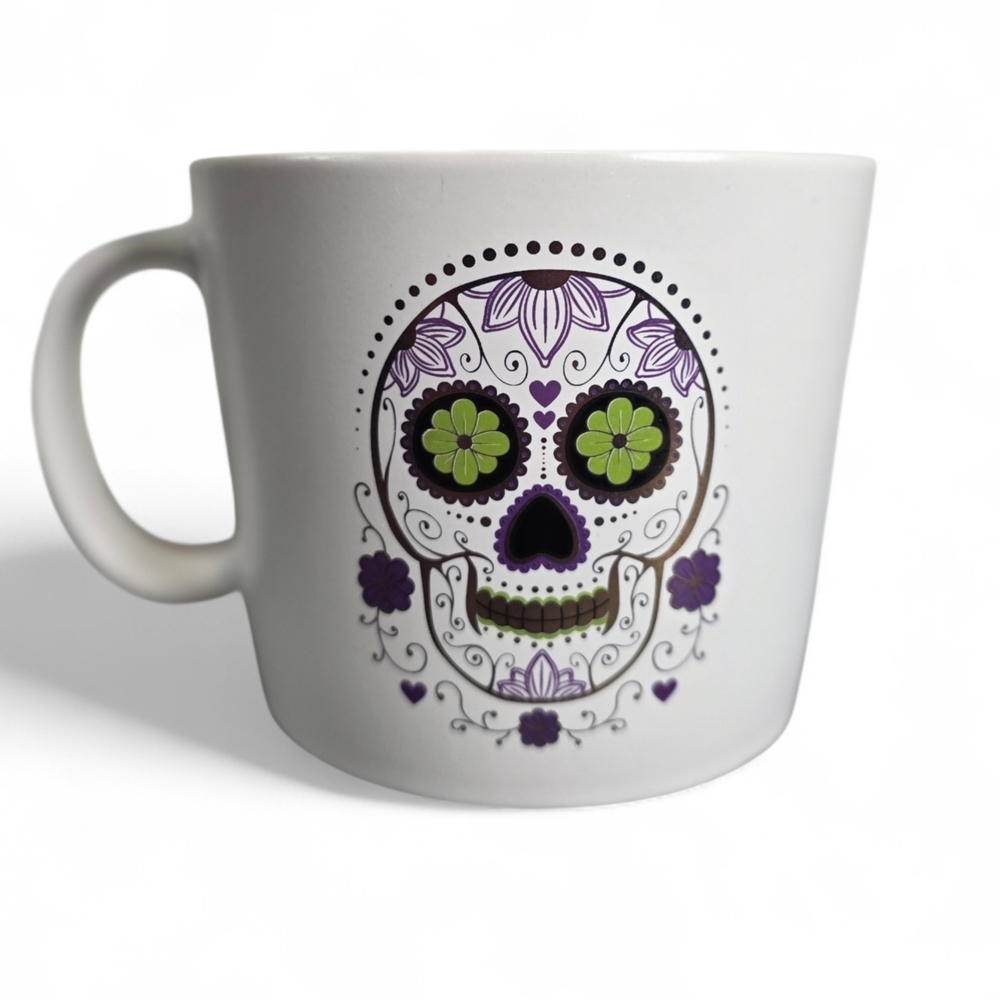 White Skull Design Souper Mug with Purple, Gold and Green Accents